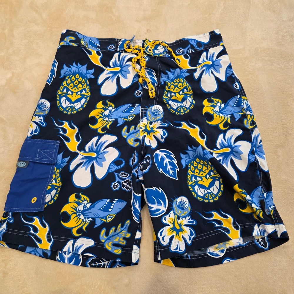 Maui and Sons Men's 34 Board Shorts Tiki Pineapple Shark Flamed Swim Trunks Y2K